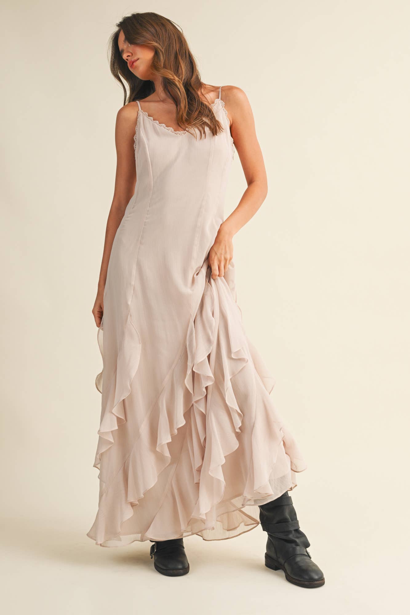 LACE V NECK RUFFLED CAMI DRESS