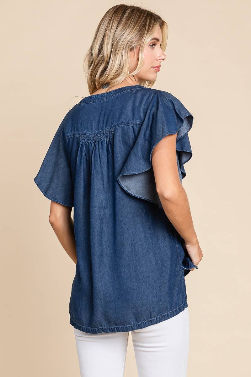 LST5325 - CHAMBRAY FLUTTER SLEEVE TOP=