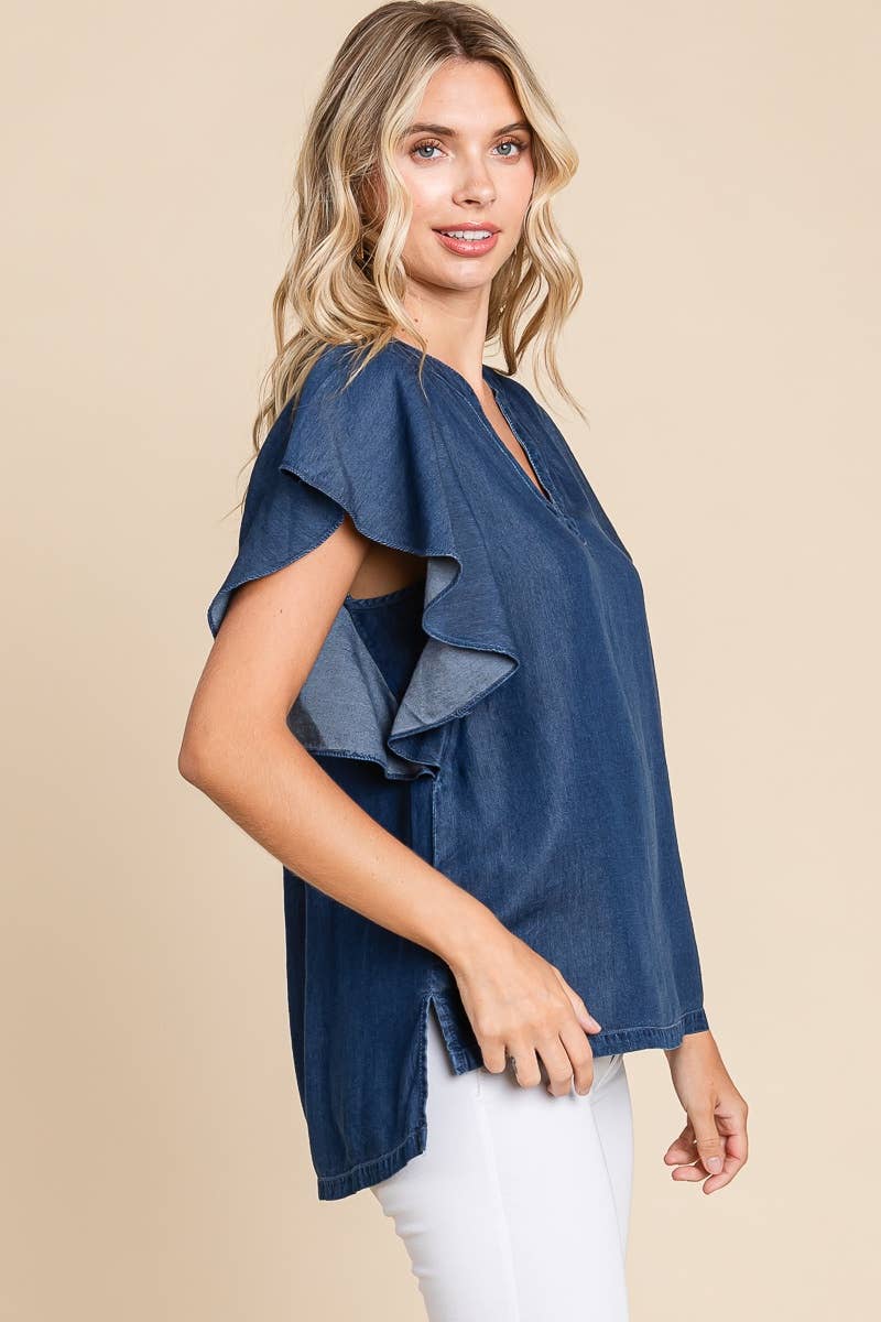 LST5325 - CHAMBRAY FLUTTER SLEEVE TOP=