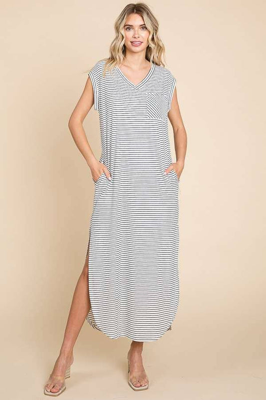 V Neck Oversize Sleeveless Stripe Maxi Dress