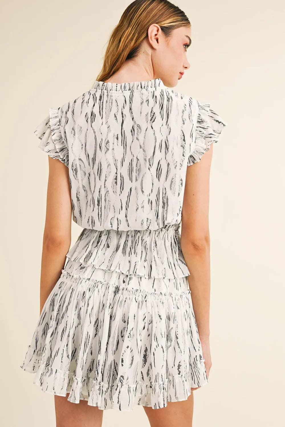 White Abstract Print Ruffle Flutter Sleeves and Tie Neck Detail Summer Mini Dress