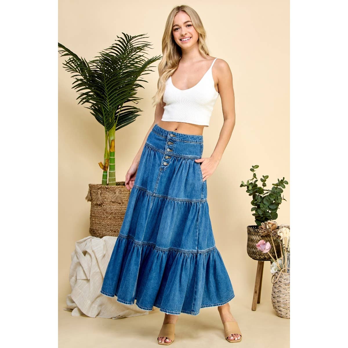 Front Button 3 tiered Denim Skirt