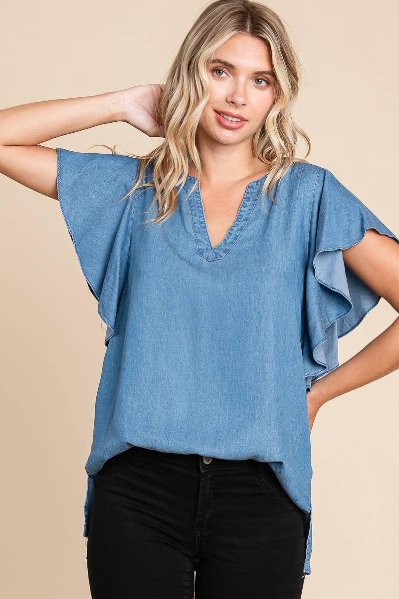 LST5325 - CHAMBRAY FLUTTER SLEEVE TOP=