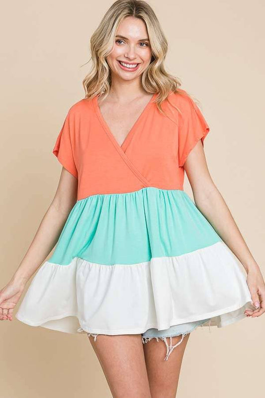 Surplus Tiered Color Block Top:  / LIVING CORAL