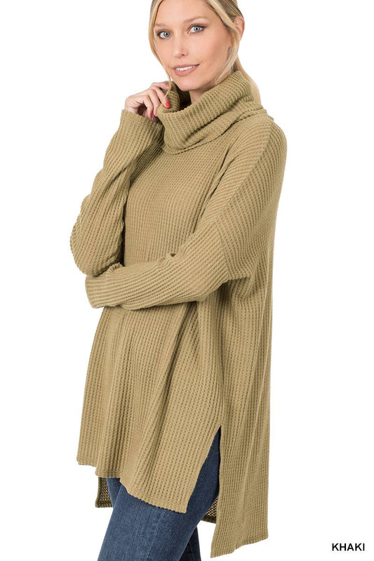 BRUSHED THERMAL WAFFLE COWL NECK HI-LOW SWEATER