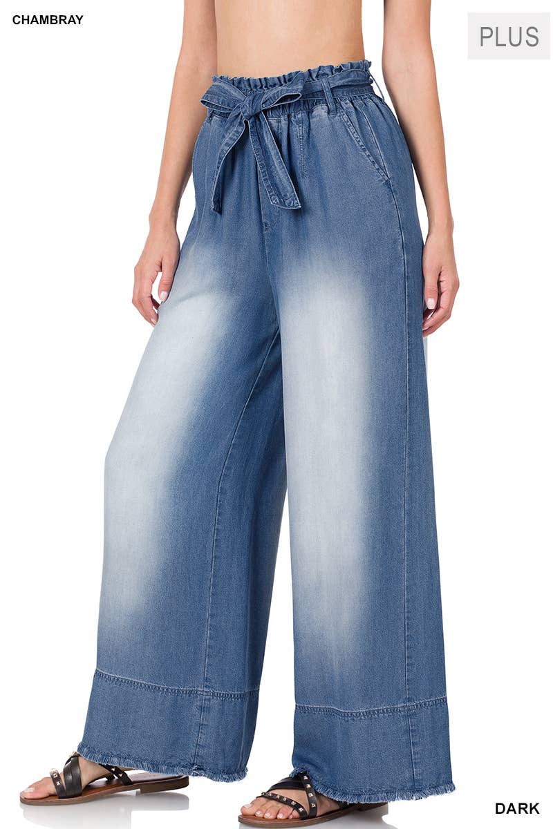 [PLUS] DARK CHAMBRAY PAPERBAG WAIST BELTED WIDE LEG PANTS WITH POCKETS