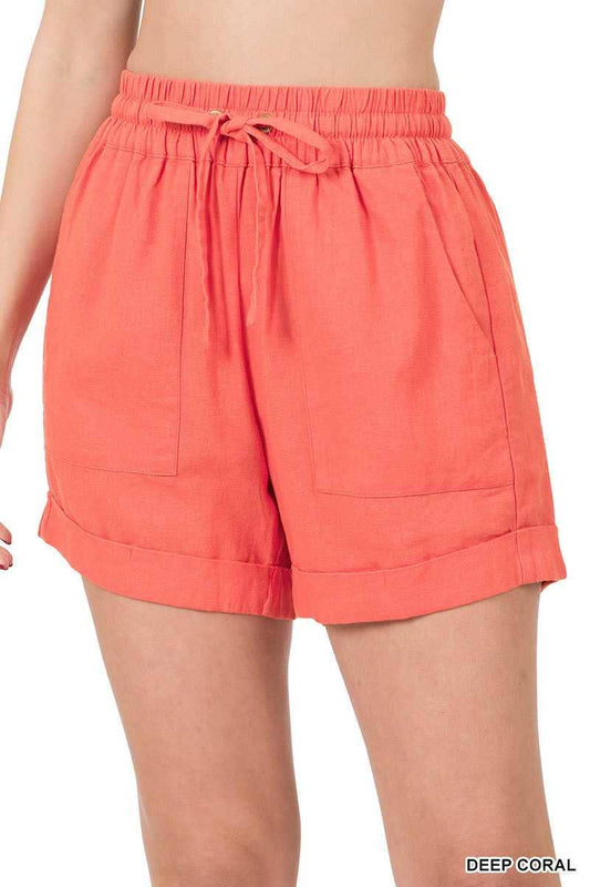Linen Drawstring Shorts With Pockets