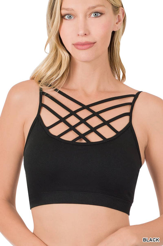 BLACK SEAMLESS TRIPLE CRISS-CROSS FRONT BRALETTE WITH REMOVABLE BRA PADS