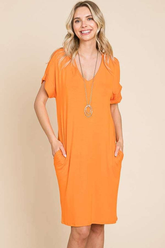 Relaxed V Neck Roll Over Sleeve T Shirt Dress:  / NEW SUNKIST