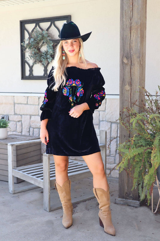 Rio Grande Embroidered Velvet Tunic Dress - Black