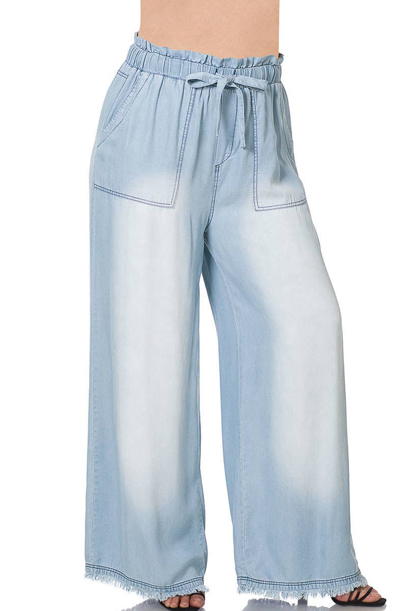 Plus CHAMBRAY PAPERBAG WAIST WIDE LEG PANTS WITH PO
