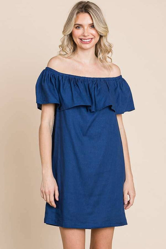 Off Shoulder Thick Ruffle Shift Dress:  / INK BLUE