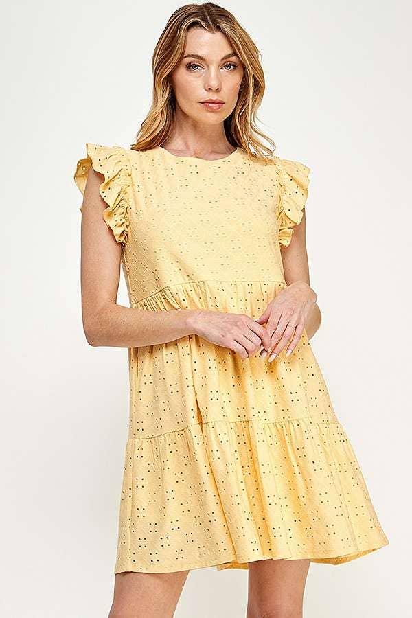 BabyDoll Tiered Mini Ruffle Sleeve Dress: / BUTTER CREAM