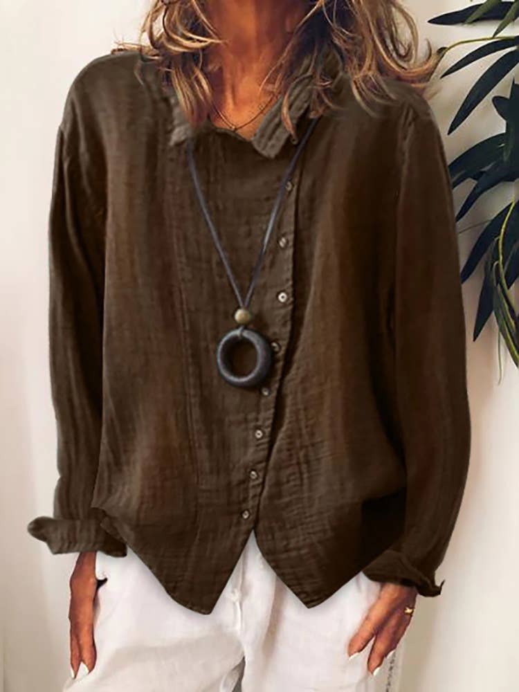 CWTBLL0262_Blouse Button Down Long Sleeve Casual Top: Brown /