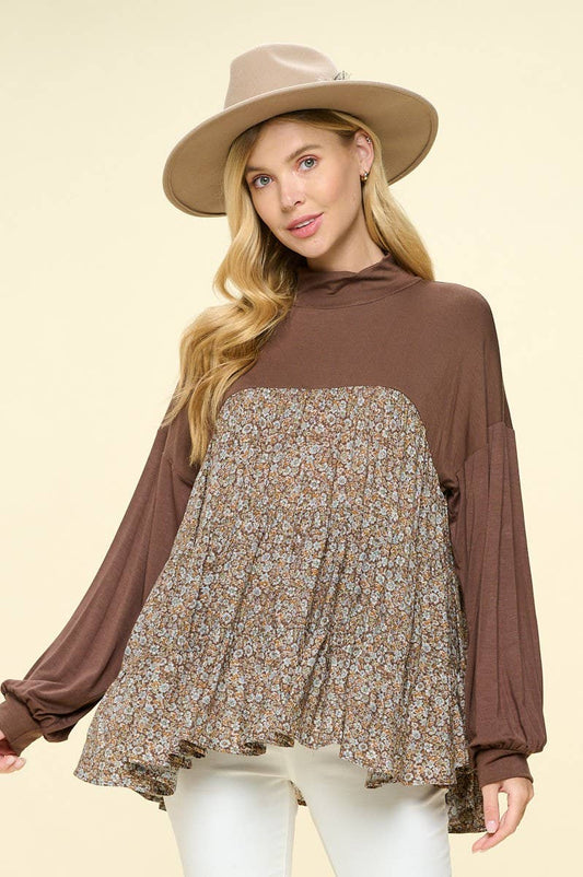 Ditsy floral tiered babydoll turtleneck tunic