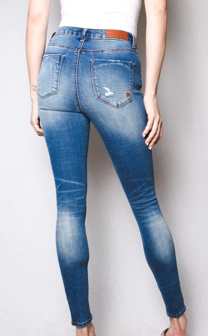 Women's High Waisted Medium Blue Distressed Skinny Jeans