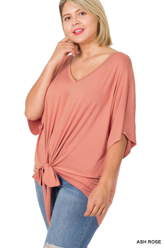 PLUS LUXE RAYON V-NECK TIE FRONT TOP