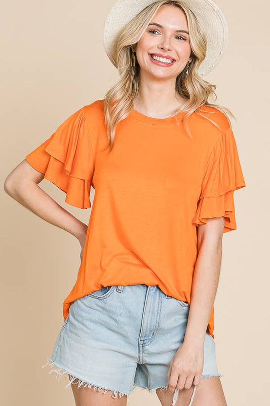 Round Neck Semi Loose Ruffle Sleeve Top:  / NEW SUNKIST