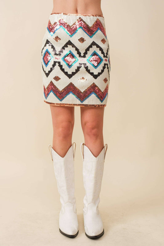 Multi Sequin Aztec Print Mini Skirt