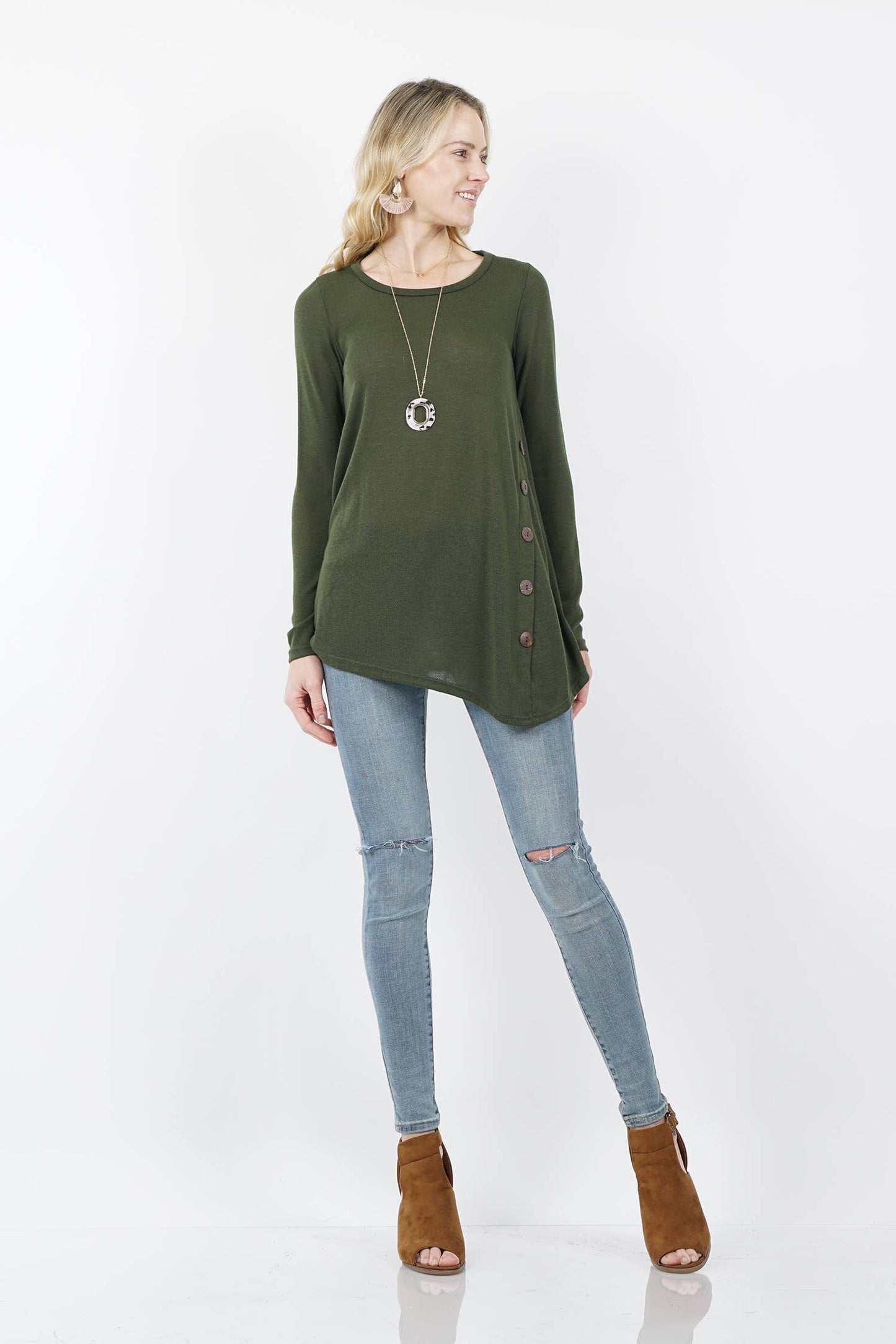 HunterGreen(DK.Olive) Side button cozy knit tunic