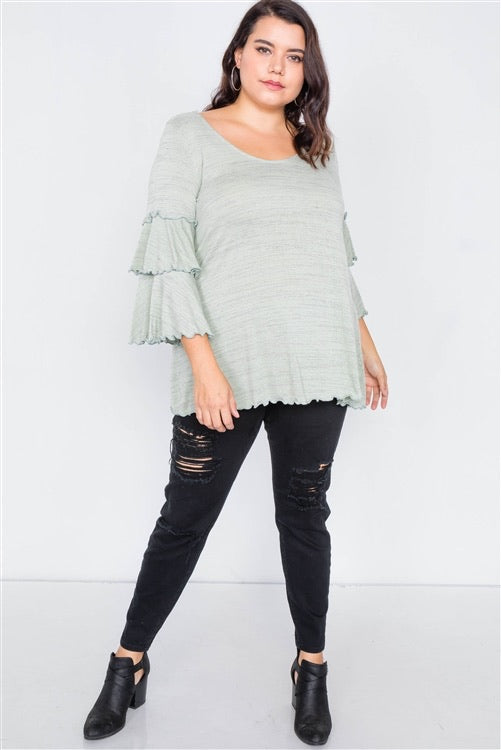 Plus Size Sage Tiered Ruffle Bell Sleeve Scoop Neck